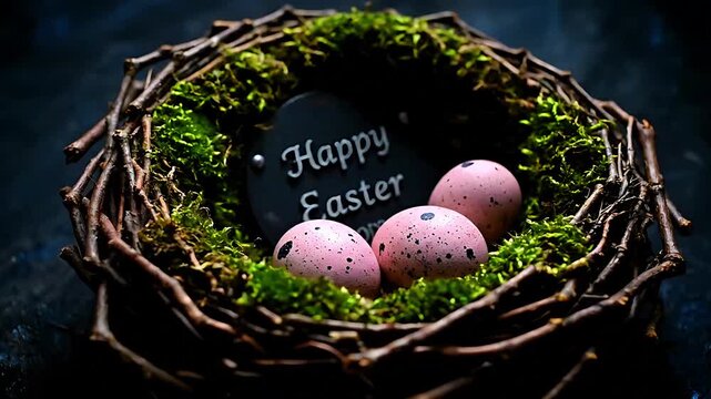 Three speckled pink easter eggs nestled closely inside a rustic twig bird's nest adorned with vibrant green moss and a small dark sign wishing happy easter greetings.