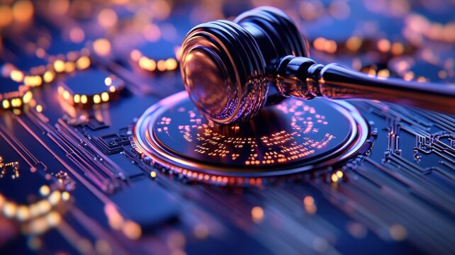 Judge's gavel on a digital interface with glowing hexagons and binary patterns, symbolizing justice in the cyber world. Judge gavel and binary code