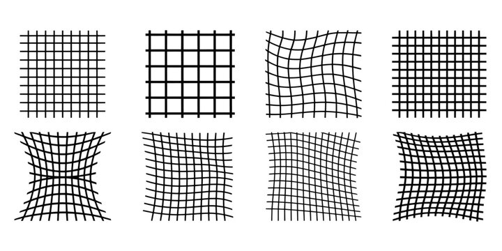 Collection of black and white grid patterns with various distortions and line weights