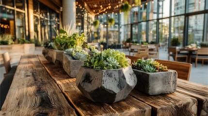 Stylish Outdoor Dining Table with Fresh Greens, Succulents and Natural Table Setting at Sunset