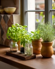Fresh Herbs Growing on Kitchen Windowsill with Natural Light and Cozy Home Atmosphere