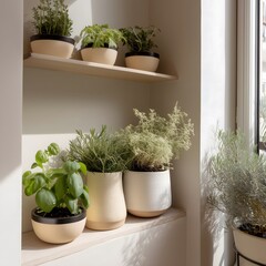 Small Apartment Herb Garden on Wooden Shelves with Fresh Green Plants and Soft Natural Sunlight