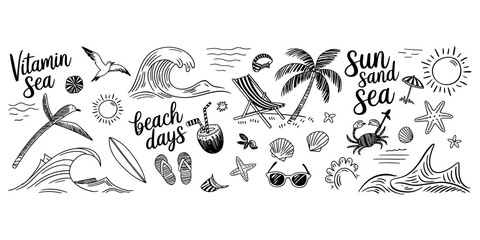 Collection of hand drawn summer beach doodles and lettering elements for vacation design © S Arts & Culture