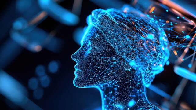 Advanced ai legal assistant as a floating holographic judge head with virtual gavel impact. Judge gavel and binary code