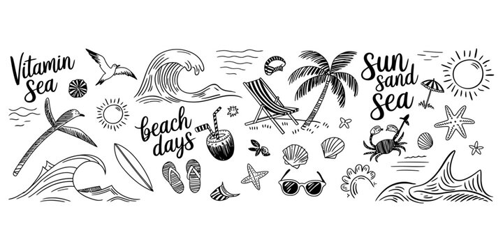 Collection of hand drawn summer beach doodles and lettering elements for vacation design
