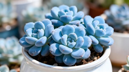 BlueSucculentInWhitePotCloseup