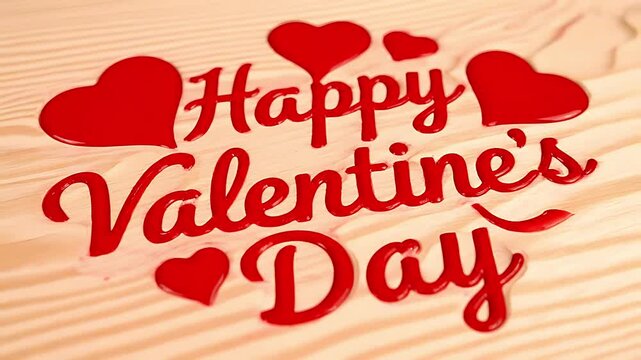 Vivid red liquid paint forms glossy, three-dimensional, dripping letters spelling "happy valentine's day" surrounded by bold hearts upon a light wooden texture surface.