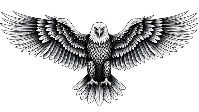 Detailed illustration of an eagle with spread wings in black and white