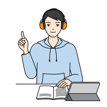 Student with earmuffs pointing finger up for an idea
