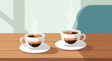 Obraz premium Two steaming cups of espresso on a wooden table against a minimalist background