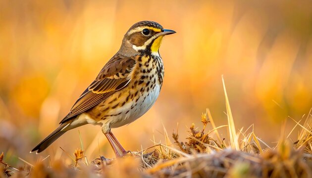 Meadow pipit bird in natural habitat with golden evening light and soft bokeh spring nature close up.