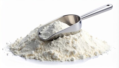 White Powder Pile with Scoop for Health or Craft Isolated on White Backdrop. Clean Product Shot with Reflection.