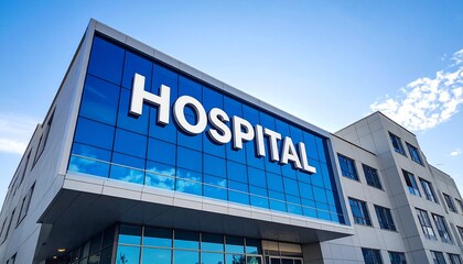 Fototapeta premium Modern Hospital Building Exterior with Blue Glass Facade and Clear Sky for Healthcare Concepts.