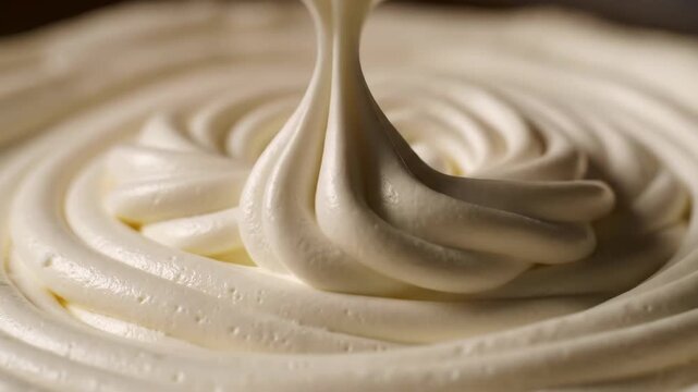 Close-up of a pastry bag piping fresh whipped cream onto a dessert.