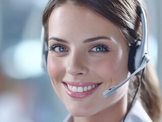 Smiling Call Center Agent Wearing Headset. Positive and approachable customer service. Ideal for customer support websites, call center promotions, and service-based businesses.