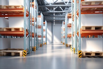Naklejka premium Clean Symmetrical Warehouse Interior with Empty Shelves
