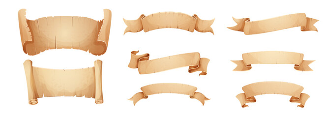 Obraz na płótnie Canvas Parchment scroll with rolled end. Set vintage old paper sheet with ripped torn edges surface, map, book blank . Antique ragged worn paper texture