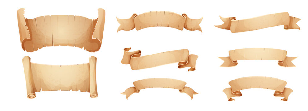 Parchment scroll with rolled end. Set vintage old paper sheet with ripped torn edges surface, map, book blank . Antique ragged worn paper texture