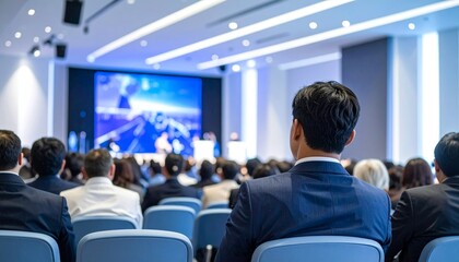 Fototapeta premium People attending business conference professional development modern auditorium presentation corporate seminar learning event.