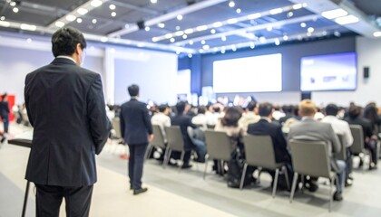 Fototapeta premium Business Conference Audience Attending Presentation in Large Hall with Stage and Screen for a Professional Event.
