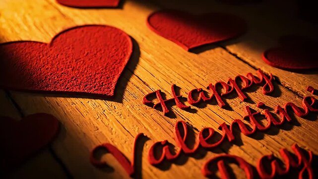 Vibrant red textured heart shapes and dimensional "Happy Valentine's Day" lettering rest upon warmly lit, rustic wooden planks suggesting deep romantic affection.