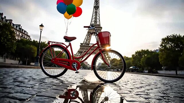 Vivid red vintage bicycle stands prominently on wet cobblestones near a prominent landmark, reflecting beautifully in a fresh puddle.