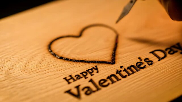 Close-up view captures the intricate process of wood burning a classic heart symbol and custom romantic text using specialized crafting tools.