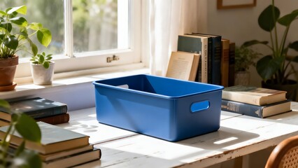 Blue Storage Box on Sunny Desk
