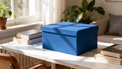 BlueBoxOnTableWithBooksAndPlant