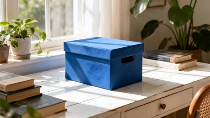 BlueBoxDeskBooksPlants