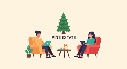 Two people with laptops, a dog, and a tree in a minimalist scene
