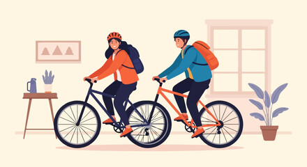 Fototapeta premium Two people with backpacks wearing helmets cycle indoors next to plants and a window