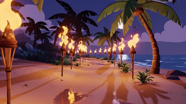 Stylized tiki torch lit path on tropical beach at night