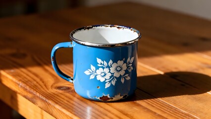 VintageBlueEnamelMugOnWoodTable