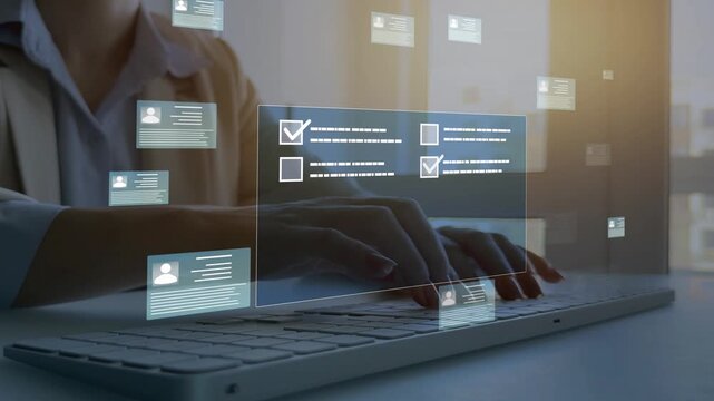 Employees must complete online survey form with answer test questions. Human resources and management employment.Digital questionnaire and business communication concept.	
