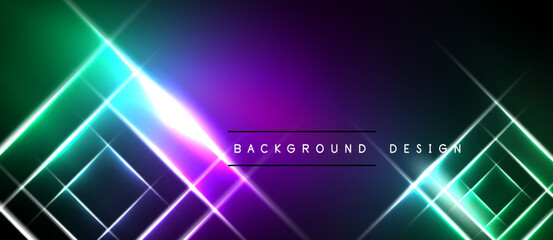Naklejka premium Abstract background features vibrant neon lines, geometric shapes, gradients. Dark space surrounds bright illumination. Modern design element.