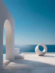 Minimalist white sculpture by the sea with archway and blue sky