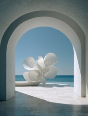 Minimalist seaside architecture with abstract white flower sculpture framed by archway