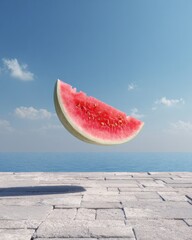 Floating watermelon slice over sea with blue sky and stone terrace