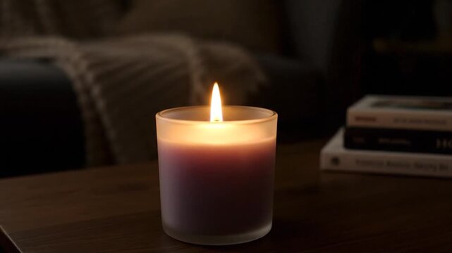 Candle Lighting on Wooden Table with Books.