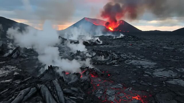 Dramatic volcanic eruption with lava flow and smoke in Iceland.
