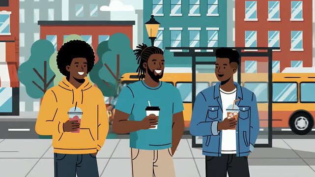 Three African American friends talking and walking in city street