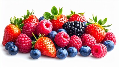 Obraz premium Fresh Mixed Berries Composition Isolated on White Background Perfect for Healthy Eating and Lifestyle Concepts.