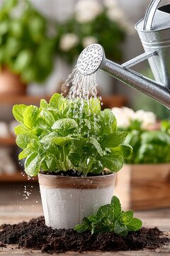  Agua cae desde una regadera sobre una planta de albahaca en maceta, hidratando el sustrato y las hojas verdes.
