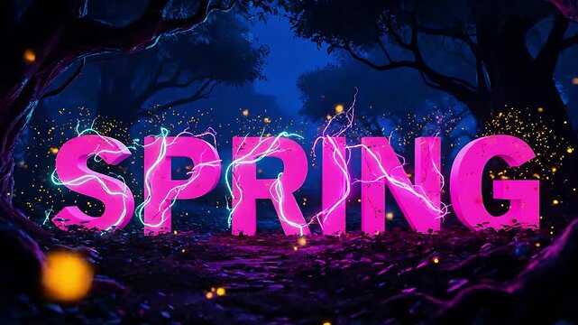 Striking bright pink three dimensional lettering spelling the word spring illuminated with vibrant electrical energy in a dark mystical forest setting.