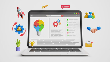 Problem Solving, Finding Solution, Critical Thinking Concept. Creativity or imagination, Business Strategy, Innovative Decision Making. 3D Laptop with Jigsaw Bulb for Problem Solving