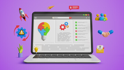 Business Solution, Problem Solving Concept. Find Solution, Critical Thinking, Success Strategy, innovative Decision Making, Business Process Improvement. 3D Laptop with Problem Solving Jigsaw Bulb