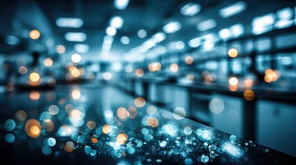 Fototapeta premium Bright bokeh lights create an enchanting atmosphere in a modern laboratory during a busy workday