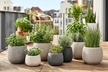 Fototapeta premium Conjunto de plantas decorativas verdes en macetas de distintos tamaños colocadas sobre un balcón moderno con suelo de madera, creando un ambiente natural en la ciudad. 