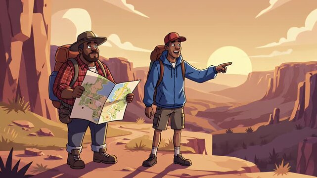 Two male hikers read map in desert canyon at sunset.